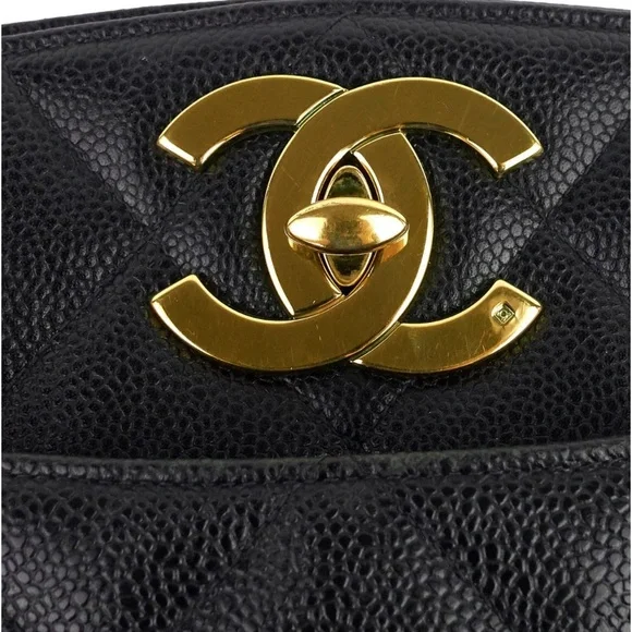 CHANEL CC Turnlock Black Caviar w/ Gold Chain Strap Leather Bag Large Tote Purse - Picture 6 of 9